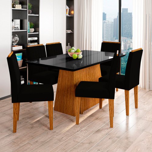 Conjunto Mesa de Jantar Bárbara  Tampo 1,20 de Madeira com Vidro Colado com 4 Cadeiras Ana Ypê