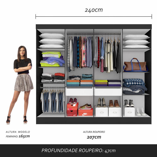Guarda Roupa Casal Mayra 8 Portas Preto com Carvalho.