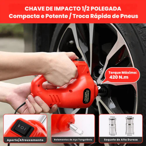 Kit Macaco Elétrico Multifuncional 3 em 1 com Chave de Impacto, Compressor de Ar e Luz LED + BRINDE (Kit limpeza automotiva)