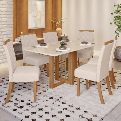 Conjunto Sala de Jantar Tampo MDF/vidro 6 Cadeiras Marie Espresso Móveis Nature/Off White/Linho