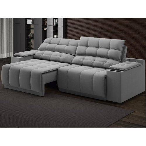 Sofá com Porta Copos Carregador USB Ret Rec Samurai 2,50m Velosuede Grafite - NETSOFAS Grafite