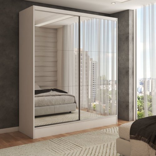 Guarda Roupas 2 Portas Solteiro Branco Acetinado com espelho