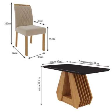 Conjunto de Mesa de Jantar com Tampo de Vidro Chumbo Agata e 4 Cadeiras Juliana Suede Nude e Nature