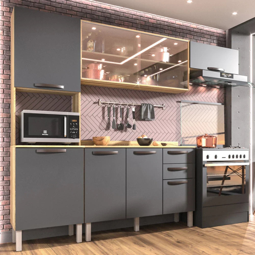 Cozinha Compacta Carol 8 Portas 2 Gavetas Carvalho/Grafite 13336 - Sallêto Móveis