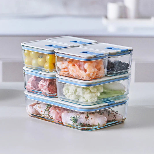 Conjunto de Potes de Vidro Herméticos Retangulares - 7 Unidades - Tampa com Alavanca - Perfect Seal